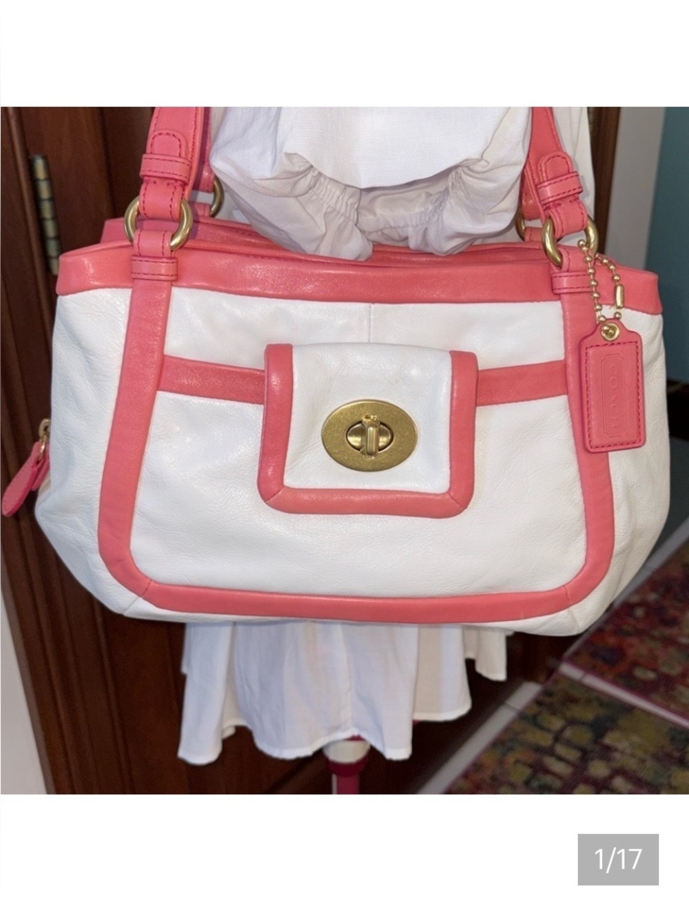 Coach 18601 Turnlock front pocket shoulder bag 3 compartment leather white/coral